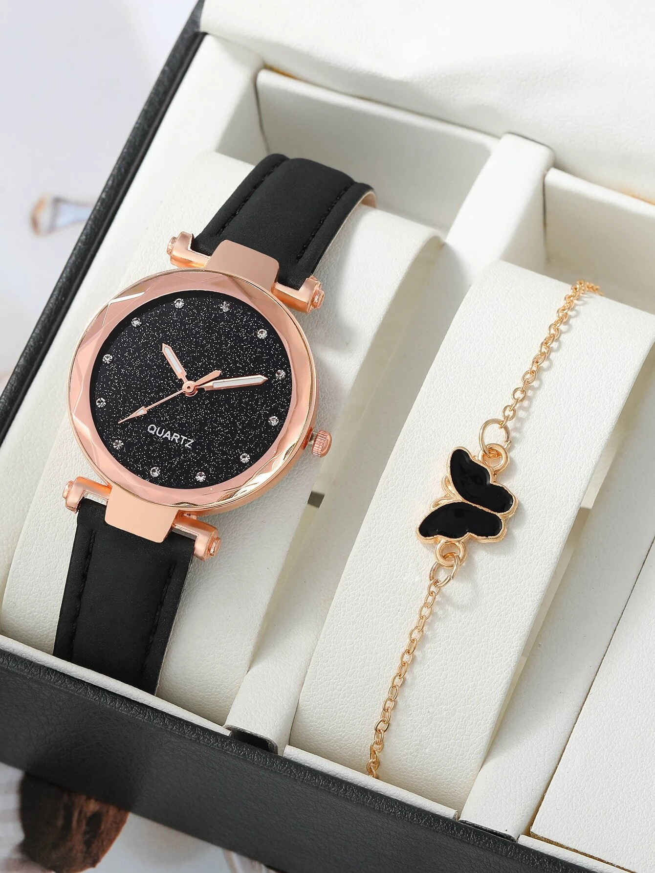 Beliebte einfache silber rosa strass oberfläche frauen Uhr matt lederband frauen casual mode zwei-stück uhr_voghion.com