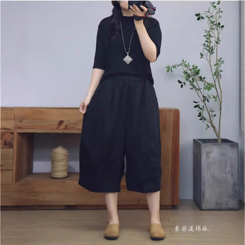 Summer New High-Quality Thin Cotton Cropped Pants for Women, Loose Plus-Size Cotton-Linen Simple Versatile Wide-Leg Pants for Women