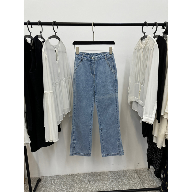 High Waist Straight Jeans with Single Side Slit Hem