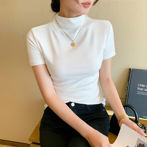 White Short Sleeve T-Shirt for Women - Spring/Summer 2025 - Half High Collar, Elegant Fitted Short Sleeve T-Shirt - Base Layer Top