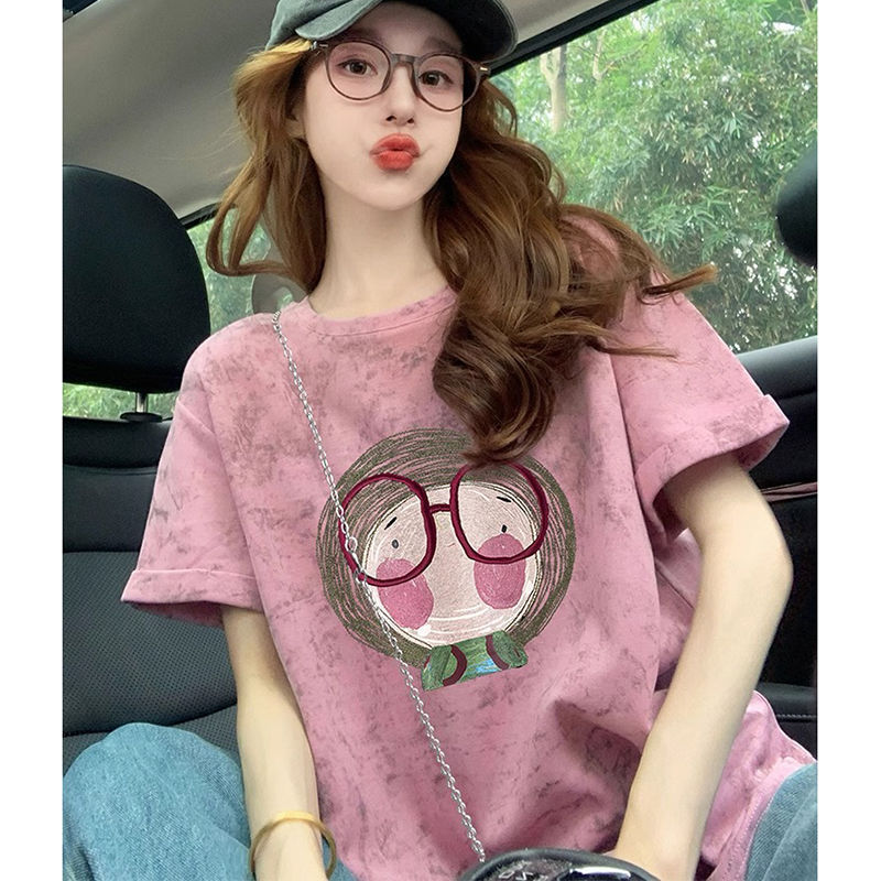 2026 New Summer Trendy Purple Tie-Dye Short-Sleeve T-Shirt for Women, European Style, Stylish Cartoon Design, Regular Shoulder Top
