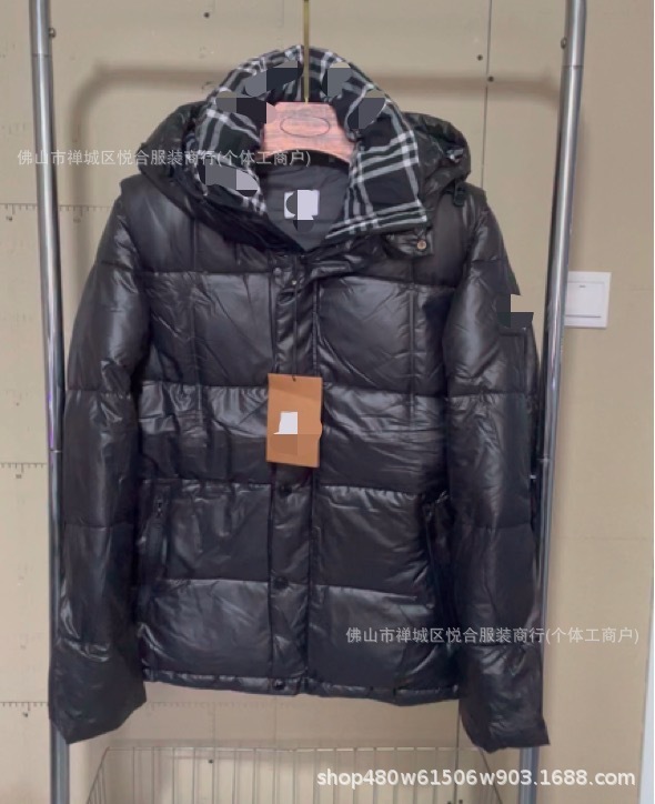 跨境欧洲站潮牌秋冬经典款可拆卸衣袖格纹连帽羽绒服加厚保暖外套|undefined