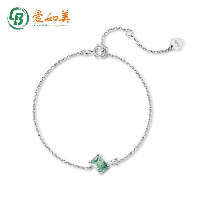 Japanese and Korean style time simple green moss bracelet female niche design s925 silver bracelet water grass agate bracelet wholesale