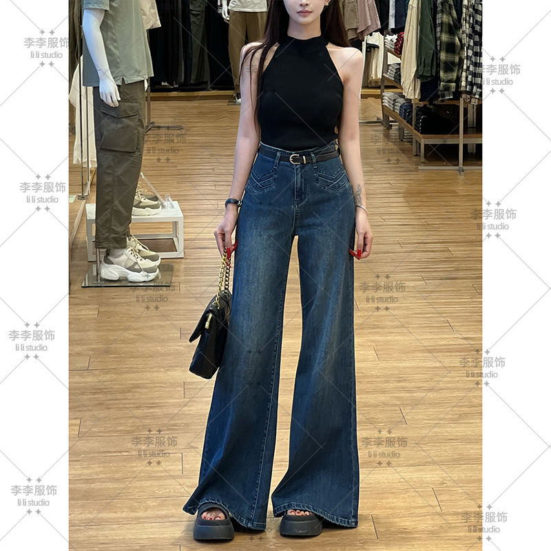 设计感高腰不贴腿喇叭牛仔裤女2025秋季新款百搭遮肉显瘦阔腿长裤|undefined