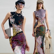 2025年新款“三彩”新中式前后两穿撞色印花旗袍连衣裙