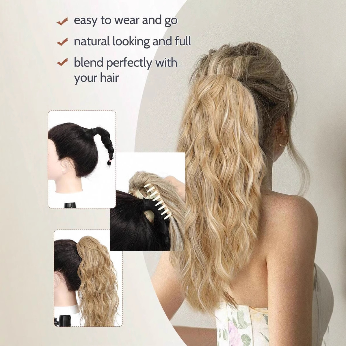 Syntetisk lockig hästsvans förlängning med clip naturlig_voghion.com