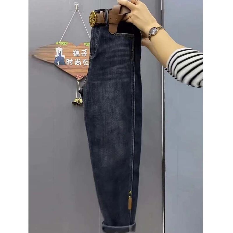 高腰加绒牛仔老爹裤女设计感宽松显瘦弹力哈伦裤秋冬新款萝卜裤潮|undefined