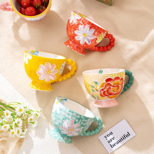 Hand-Painted Ceramic Cup, Cute and Creative Bead Handle Breakfast Cup, High-Looking Large-Capacity Milk Oatmeal Cup, Drinking Cup