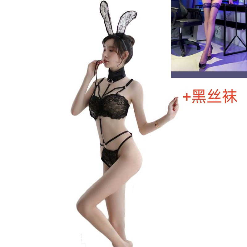 Комплект белья женский, кружевной костюм зайчика, one size, ремешковое бюстье и стринги