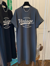 2024夏季新款字母懒人t恤裙女中长款宽松显瘦洋气减龄开叉连衣裙