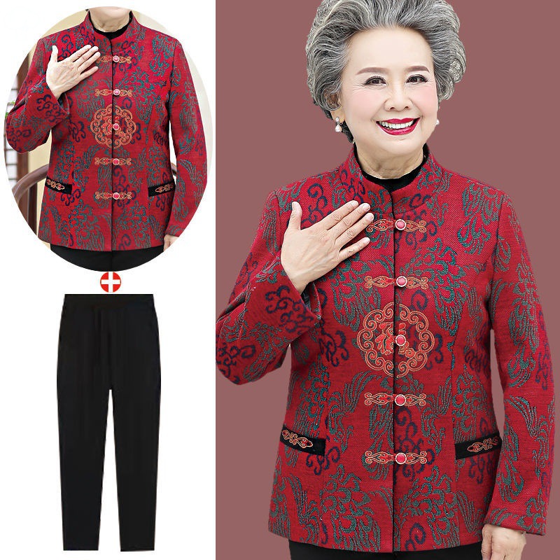 grandma spring clothes coat Tang costume Mom outfit Middle and old age Women's wear Autumn and winter 60-70-80 the elderly coat