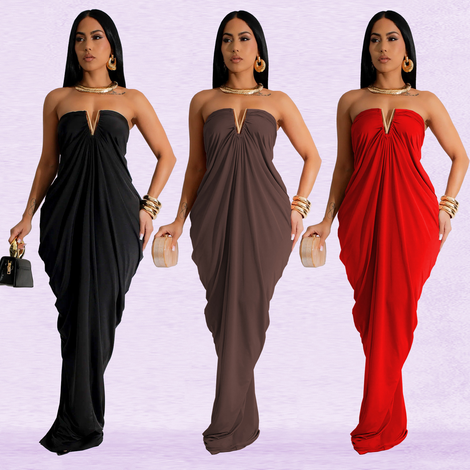 C7135 Aliexpress transfronterizo Amazon Europa y América de moda de mujer color sólido sexy vestido delgado vestido de cuello en v nuevo image 1