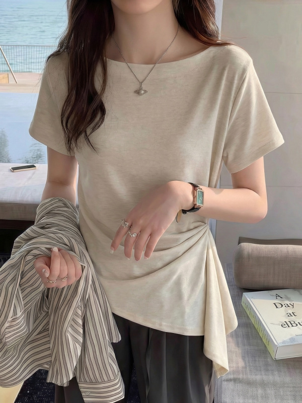 Áo thun nữ cổ tròn tay ngắn thiết kế thắt eo Hàn Quốc — màu đen