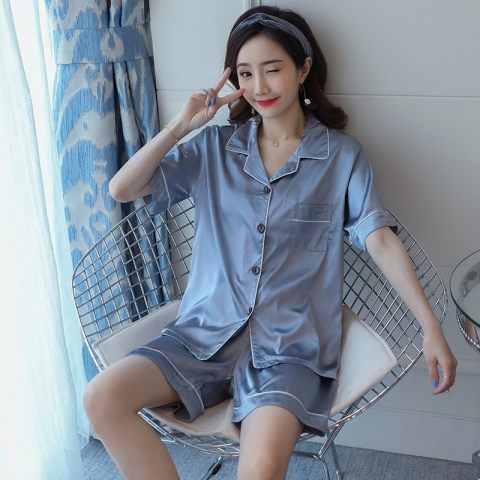 Pijamas de manga corta de seda artificial color sólido verano 2024 verano dulce lindo hielo seda color sólido verano ropa para el hogar