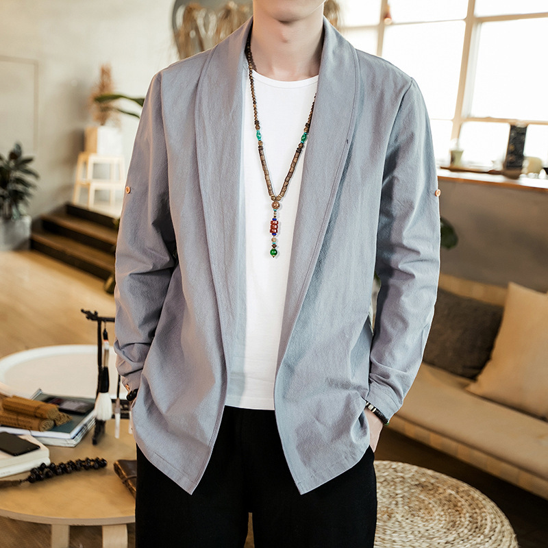 Chinese Style Men's Cotton and Linen Long-sleeved Coat Men's Spring and Autumn Modified Hanfu Cardigan Chinese Style Retro Style Zen Clothing for Husband