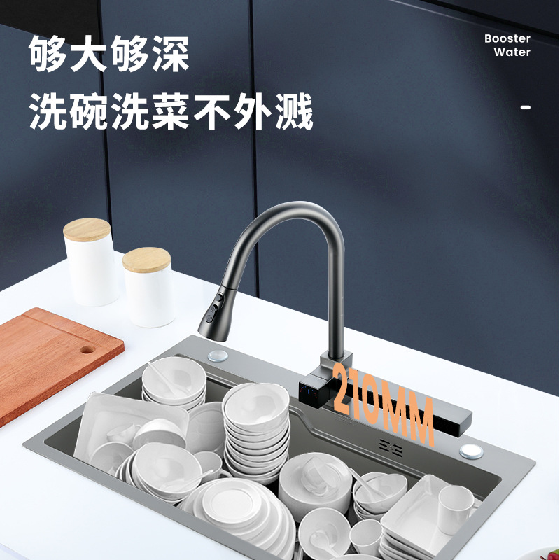 Pistola una por una, acero inoxidable gris resistente a los arañazos, cascada de un solo tanque, cascada, salida de agua, lavabo debajo del mostrador hecho a mano, fregadero, fregadero