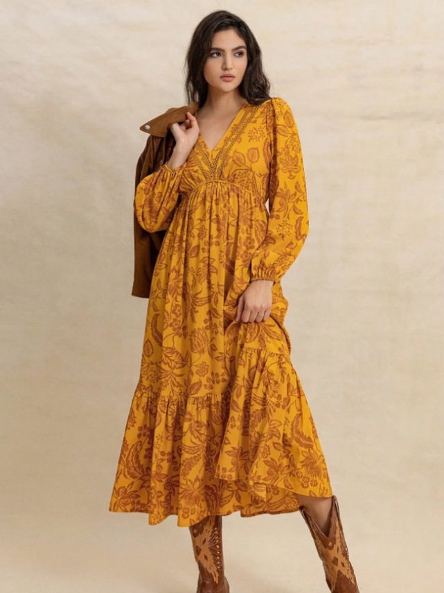 cross-border European And American Women's Clothing Summer New Printed V-neck Long-sleeve Dress_ecoleips.com