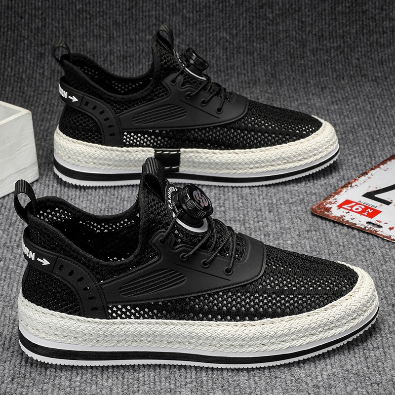 Zapatos de hombre con botón giratorio tejido de paja, zapatillas de deporte huecas de red grande, estudiantes, verano 2025, nuevo estilo, zapatos perezosos transpirables, hombres