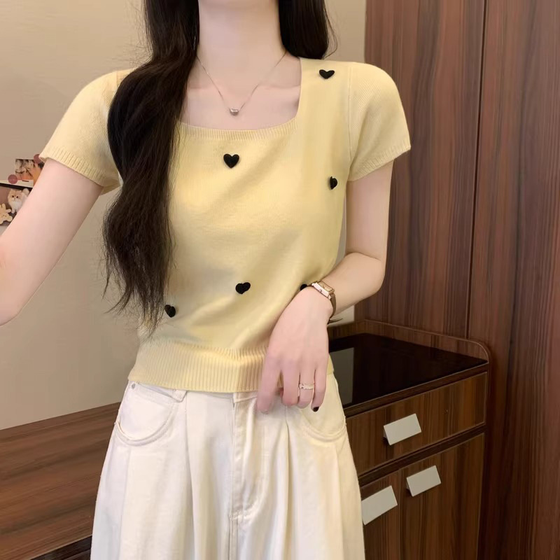 Heart-Shaped Square Neck Knitted Short-Sleeve T-Shirt for Women, Summer 2025 New Style, Thin Top, Short-Sleeve Cover-Up Shirt Heart-Shaped Square Neck Knitted Short-Sleeve T-Shirt for Women, Summer 2025 New Style, Thin Top, Short-Sleeve Cover-Up Shirt