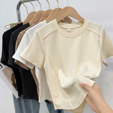 Pure Cotton American Style Retro Shoulder Fish Bone Short-sleeved T-shirt Women's Summer Hot Girl Small Shirt Slim-fit Short Top Base Trendy