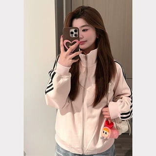 浅粉色休闲风拉链开衫卫衣女外套春秋宽松小个子舒适长袖上衣ins