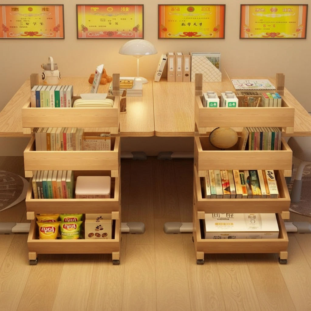 Librería de madera maciza estante de piso estante de almacenamiento de mesa móvil estante de libro pintado pequeño armario armario armario