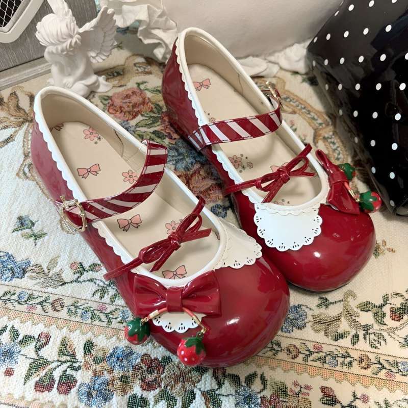 安可拉红小莓红色lo鞋甜美lolita鞋子低跟圆头可爱洛丽塔鞋