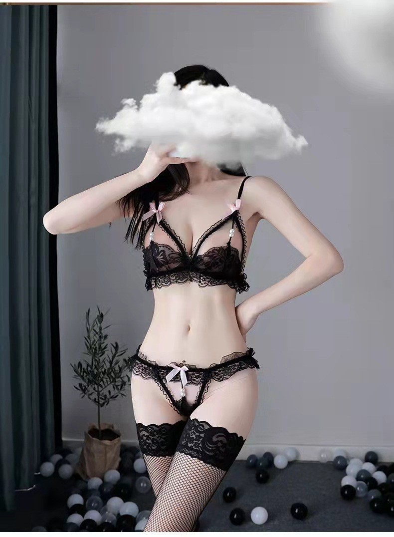 Women’s Lace Three-Point Lingerie Set with Pearl Detail, Red, One Size — detail image 17