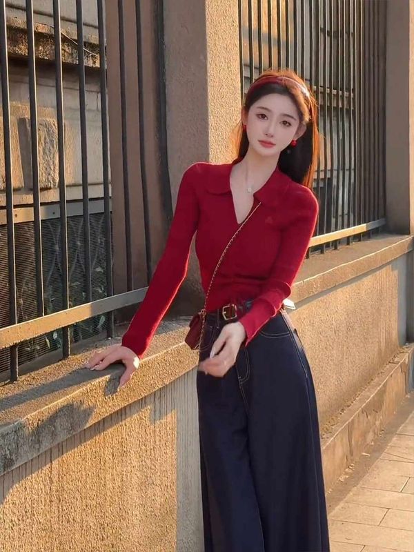 红色长袖polo领针织衫女2025早秋新款韩系修身翻领内搭打底衫上衣|undefined