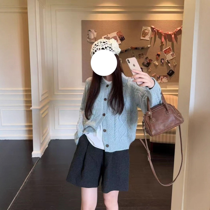 温柔风高级感复古绿色毛衣女开衫春秋外穿软糯宽松慵懒风针织外套|undefined
