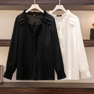 60.00 kg-175.00 kg plus size women's wholesale fat mm2025 spring and autumn new loose slim horn sleeve lace shirt