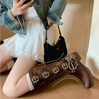 香港皮带扣粗跟长筒靴女春新款方头套筒机车骑士靴棕色西部牛仔靴