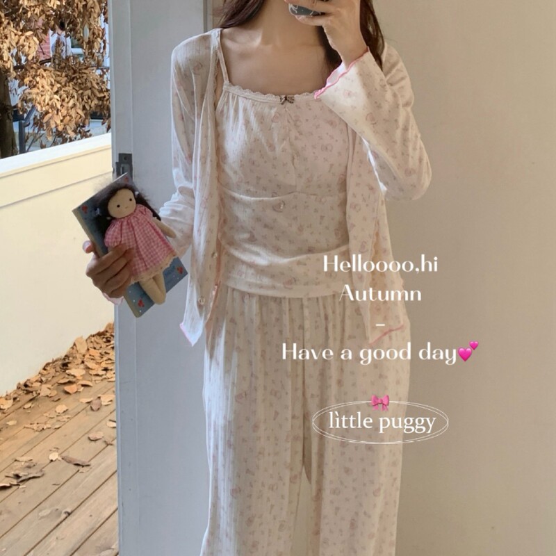Little Puggy Round Neck Women's Cotton Knitted Three-Piece Suspender Long-Sleeved Pants with Chest Pad Floral Home Clothes Little Puggy Round Neck Women's Cotton Knitted Three-Piece Suspender Long-Sleeved Pants with Chest Pad Floral Home Clothes