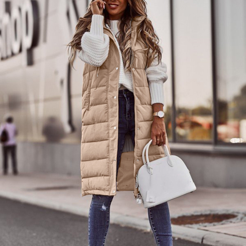 Europa y América nueva moda casual Chaqueta de algodón acolchado de color sólido con capucha chaleco Delgado elegante cardigan sin mangas abrigo de longitud media para las mujeres image 8