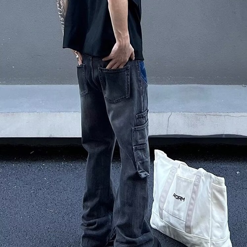 American street vibe, washed distressed color-block pocket cargo logging jeans for men, straight leg, slightly flared, trendy