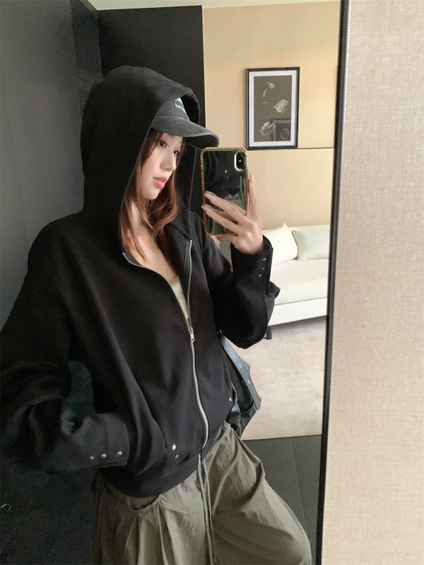 美式辣妹设计感铆钉连帽卫衣外套女装秋季慵懒宽松灰色开衫上衣潮|undefined
