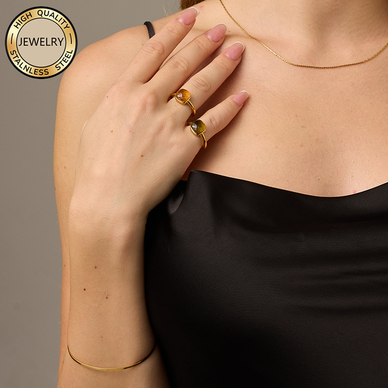 geometric retro fashionable small design ring with stone stainless…