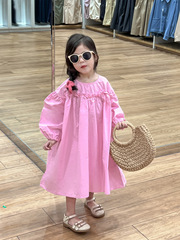 2024春裝女童甜美風木耳邊大裙擺娃娃裙休閒寬鬆棉布公主連衣裙