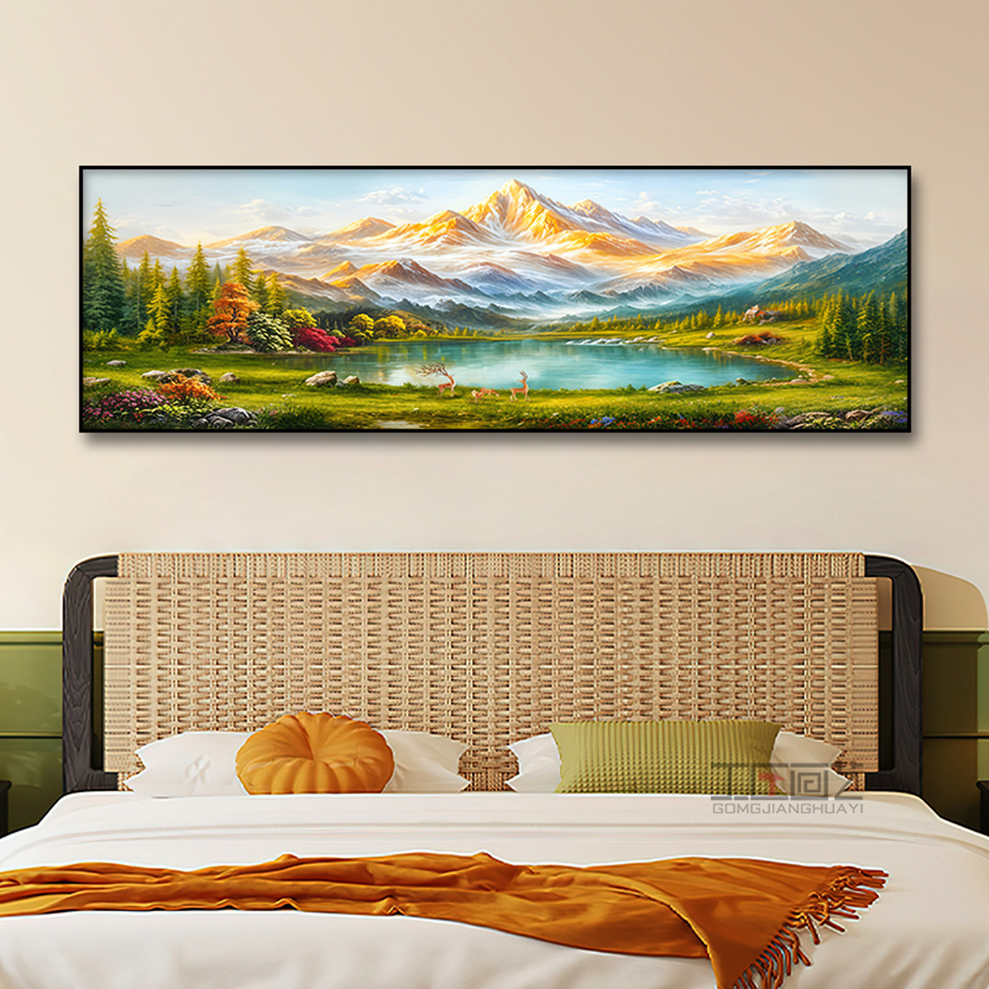 Bedside Decorative Painting with a Backrest, High-End Rizhao Jinshan Bedroom Background Wall Hanging Painting, Simple Wealth-Gathering Feng Shui Painting