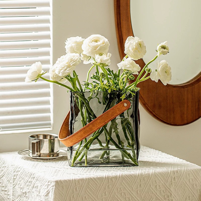 Xiaodongshu mismo bolso florero de vidrio Internet estilo celebridad de alta apariencia sala de estar arreglo floral decoración artesanía
