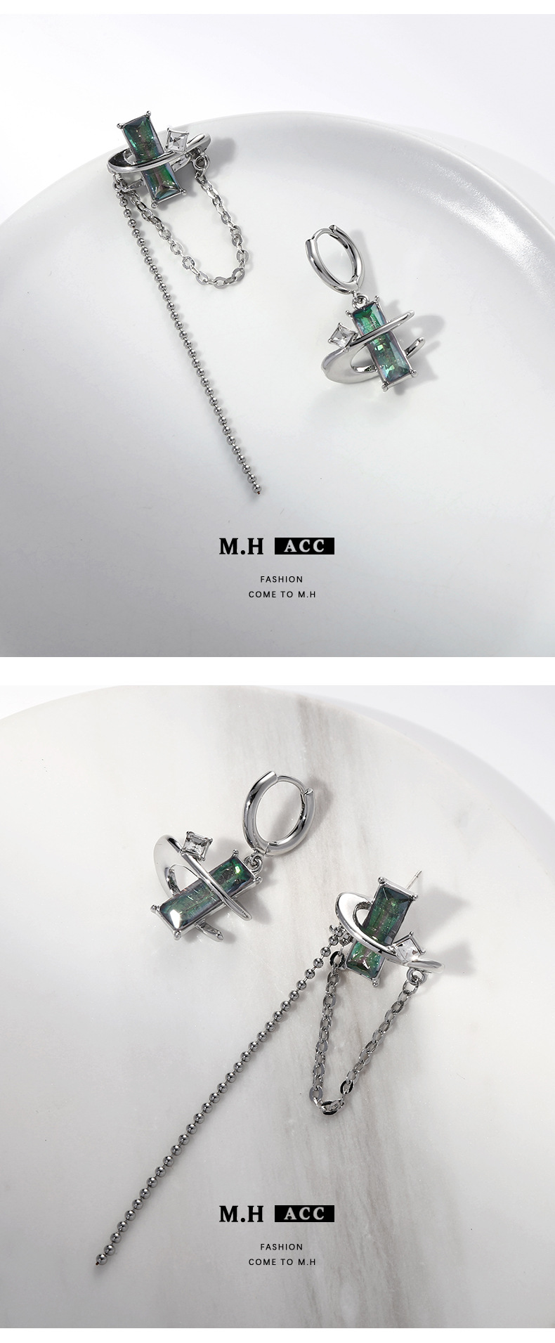 Misty and colorful chain earrings, unique asymmetrical design for women, niche futuristic style S925 silver needle stud earrings pic 6