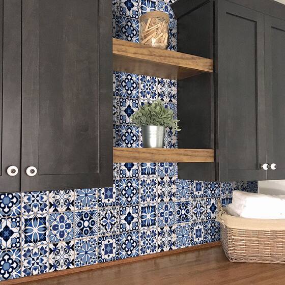 Kitchen Anti-oil Wall Stickers Wall Renovation Self-adhesive Waterproof Removable Tile Stickers Retro Blue Tile Stickers