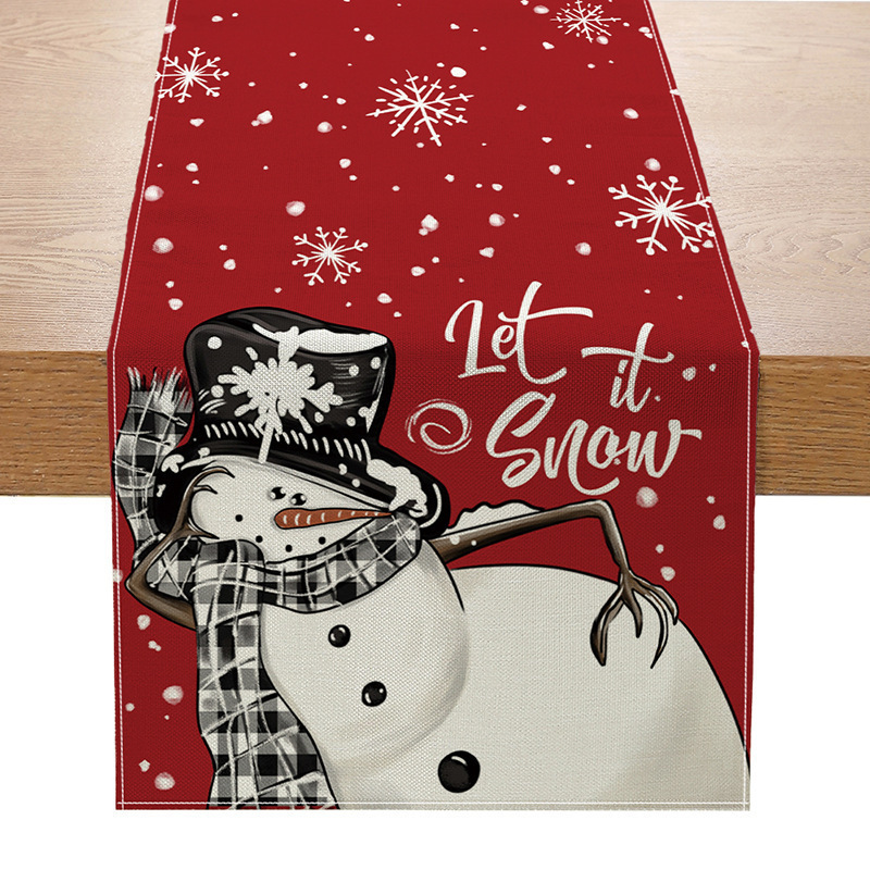 Camino de mesa navideño con estampado de muñeco de nieve y Santa