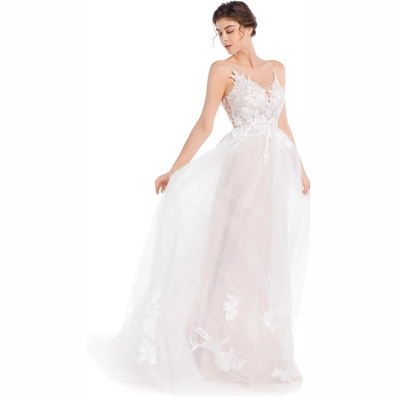 2024 sexy correa de hombro delgada de la novia de encaje comercio exterior nuevo vestido de novia decal ondas de playa de viaje de espalda descubierta vestido de novia