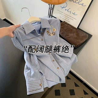 源头工厂法式高级感上衣刺绣条纹衬衫女polo领衬衣显瘦上衣A10337