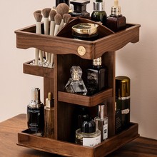 化妆品收纳盒置物架胡桃木可旋转中古风大容量梳妆台化妆品收纳盒
