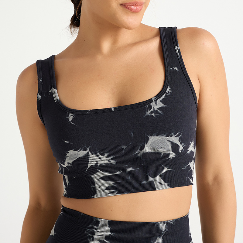 Nuevo traje de yoga de secado rápido de cadera deportivo de cintura alta sin costuras europeo y americano de tres piezas pantalones de yoga de teñido ajustado para mujer