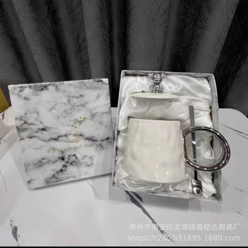 インスタ风高级軽豪華セラミックカップ高颜値マグカップ盖付きスプーンオフィスコーヒーカップ高级感ギフト|undefined