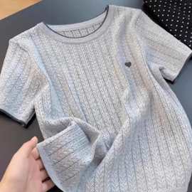 法式灰色刺绣麻花针织冰丝短款上衣女2025夏季高端欧货短袖t恤薄