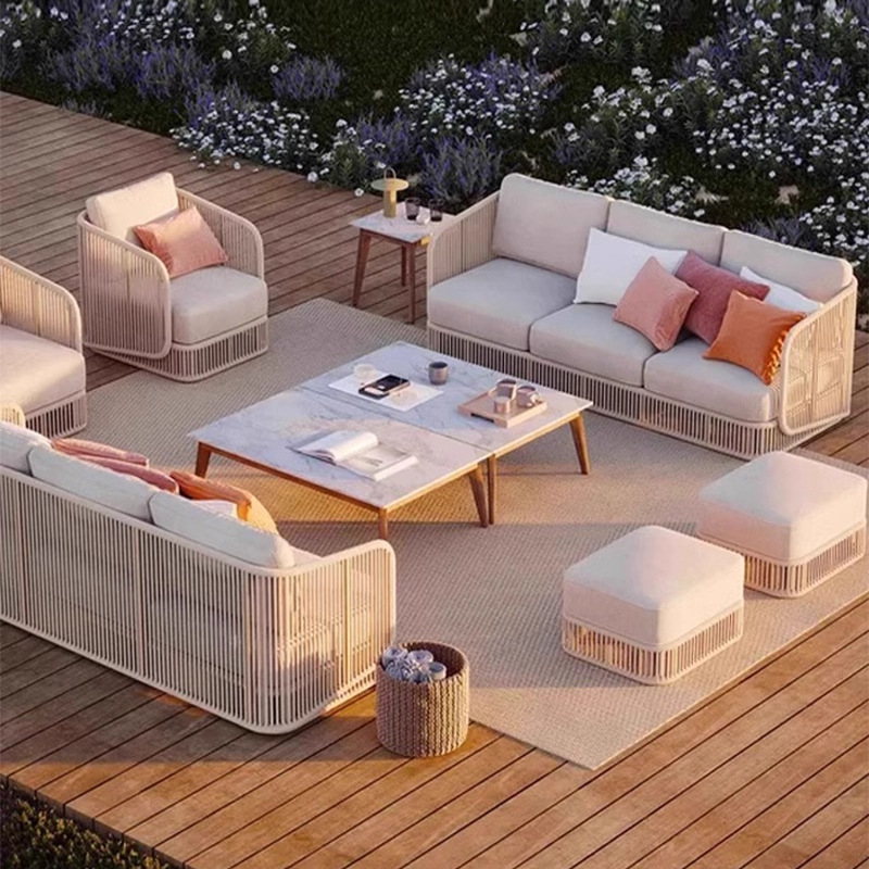 Sofá de caña al aire libre Villa patio jardín ocio silla de caña mesa de té combinación balcón al aire libre muebles impermeables a prueba de sol